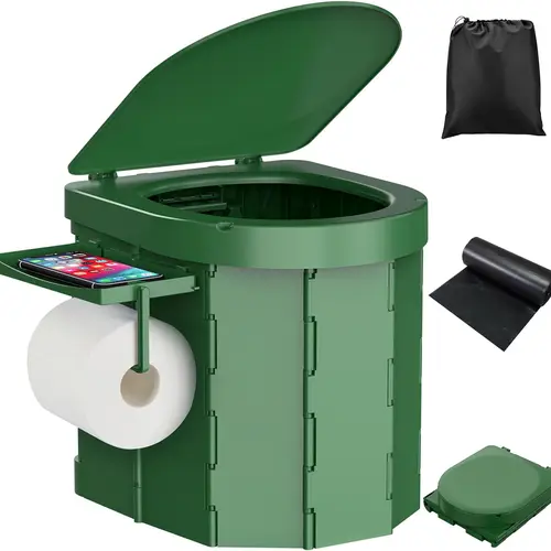 PAHTTO Hygienic Camping Toilet, Compact Camping Supplies - Foldable Adult Travel Accessory with Detachable Phone Shelf, Toilet Paper Holder, Waterproof Lid, Portable Car Restroom for RV Travel