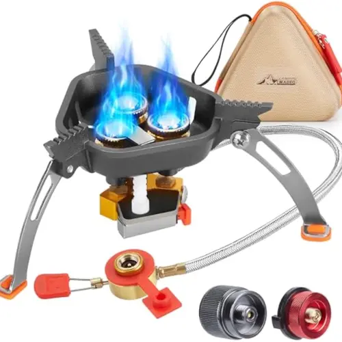 WADEO 7200W Power Windproof Camping Stove with Piezo Stove Igniter, 2 Fuel Canister Adapter, Carry Case, Lightweight Brass Alloy Camping Gear for Backpacking, Hiking