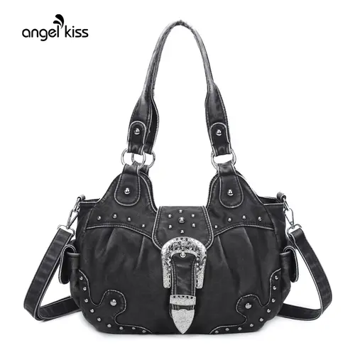 Angel Kiss Bag for Women(14.5" x 5.8" x 8.6") Handcrafted Vegan Leather Hobo Handbag with Metal Studs, Colorblock Multi-Compartment Purse, Womens Gifts, Handcrafted Bag, Casual Handbag Satchel, Cosmetic, Zipper, Everyday Bag tiktokshopbacktoschool, Adjust