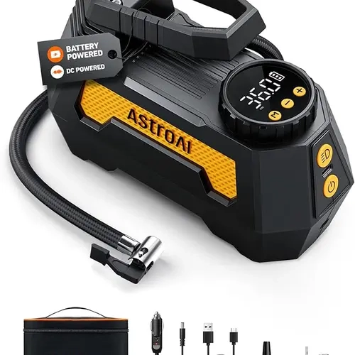 AstroAI Compact Fast Inflation Tire Inflator Blower - 12V 120W Automotive Tire Inflator with 120W Power Cord, Backlit LCD Digital Pressure Gauge, LED Flashlight, Bar Measurement, Auto Shut-Off, 35L/Min, 0-35psi for Car, Bicycle (Yellow)