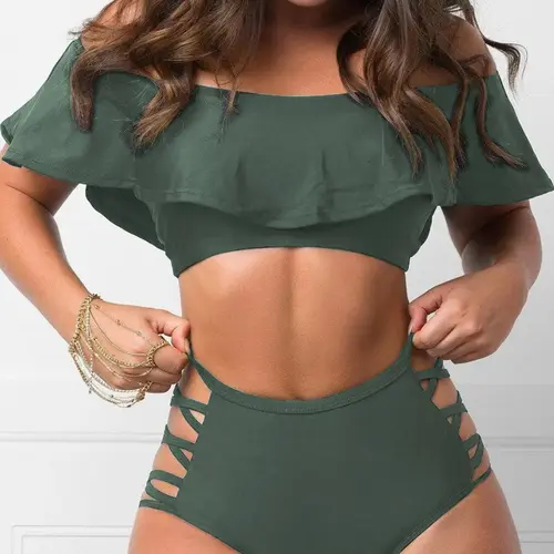 Women's Solid Color Off-Shoulder Bikini Sets, High Waisted Swimsuit, Chic Bikinis Set Including Short-Sleeve Swim Top and Criss-Cross Cutout Bottoms, Ladies Summer Swimwear for Beach Holiday Vacation