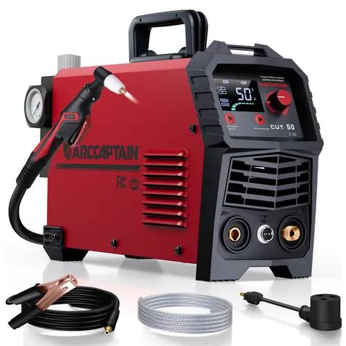 ARCCAPTAIN Plasma Cutter CUT-50, 50A 110/220V Dual Voltage DC Inverter IGBT Tool for Metal, LED Display, 0.5in Clean Cut, Postflow Finish, 2T/4T Function, Sturdy Handle, Overheating Protection, Overload Safety, Shoulder Straps, Smart Fan for Beginners, Ov