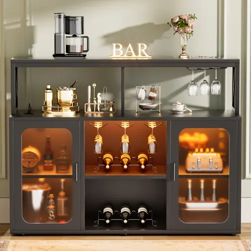 Cyclysio Freestanding Wine Bar Cabinet with RGB LED Lights ＆ Charging Station,Sideboard Buffet Cabinet,Coffee Bar Liquor Cabinet with Glass Holder,dorm essentials,home decor
