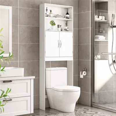 Yaheetech Wooden Bathroom Cabinet Over the Toilet Storage Cabinet for Bathroom, Storage Organizer Over Toilet, Space saver with Adjustable Shelf and 2 Open Shelves