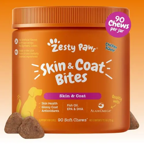 Zesty Paws Skin & Coat Bites for Dogs Soft Chew Treats with Omega 3 Fish Oil EPA & DHA for Skin Coat Health Vitamin Supplement