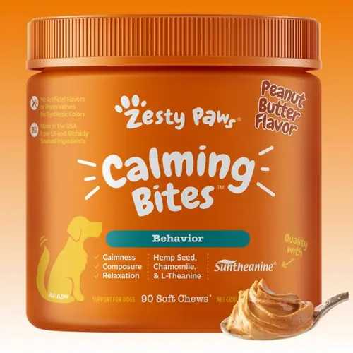 Zesty Paws Calming Bites for Dogs - 90 Soft Chew Treats with Suntheanine & Ashwagandha for Stress Relief & Calm Composure - Ideal for Training Supplements