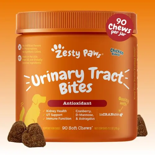 Zesty Paws Urinary Tract Bites for Dogs Soft Chew Pet Treats with Cranberry D-Mannose & Astragalus for Kidney Bladder Health Ut Support Immune Function Premium InCRANable Concentrate Chicken Flavor