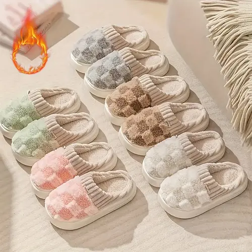 Women's Cotton Slippers with Plaid Cuff - Warm Fleece, Cozy Memory Foam, Cute Cushioned House Shoes, Comfy Indoor Home Slippers, Cushioned Women's Home Slippers, Slippers For Women