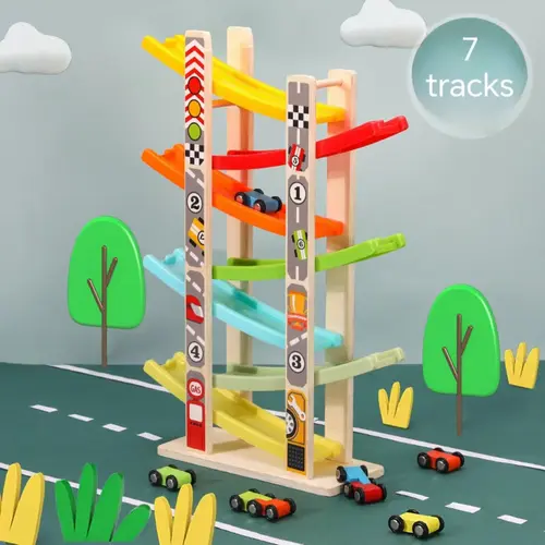 EDUTREE Wooden Ramp Racer Toddler Toy Set - 7 Tracks, Mini Vehicles, Montessori-Inspired Playset, Tricycle, Remote Control RC Model - Gift for Girl, Mother's Day (Toys & Hobbies)