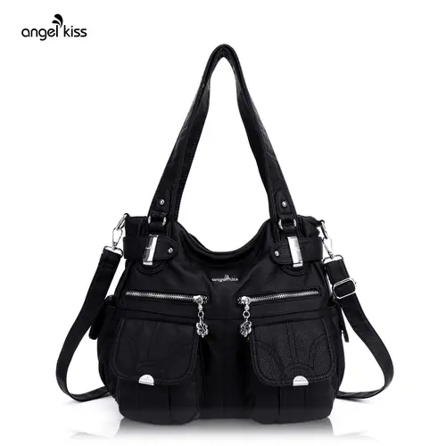 Angelkiss Kiss Purses and Handbags Women Tote Shoulder Top Handle Satchel Hobo Bags Fashion Washed Leather Purse spacious  bag vintage  bag cute  black