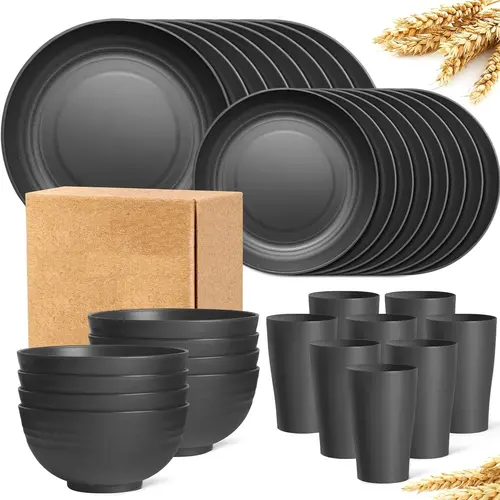 Sebastian CADIA 32-Piece Wheat Straw Dinnerware Set - Plastic Cutlery Set, Lightweight Plates & Bowls, Microwave Safe, Dishwasher Safe, Reusable, Black, Ideal for Outdoor Use