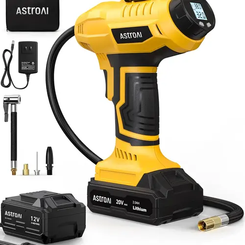 AstroAI Wireless Tire Inflator Quick Fill Air Compressor, 20V Rechargeable Battery Powered 160PSI Portable Air Pump with 12V Car Power Adapter & Digital Pressure Gauge for Cars, Motorcycles (C2, Yellow), Quick Fill Inflator
