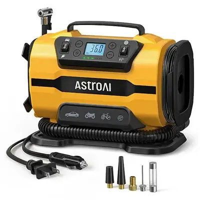 AstroAI Portable Tire Inflator - 150PSI, 12V DC/120V AC Dual Power, Dual Metal Motors, LED Light, Yellow Tire Inflation Kit with Quick Fill Function, Tyre Pumps for Cars Accessories, Bikes