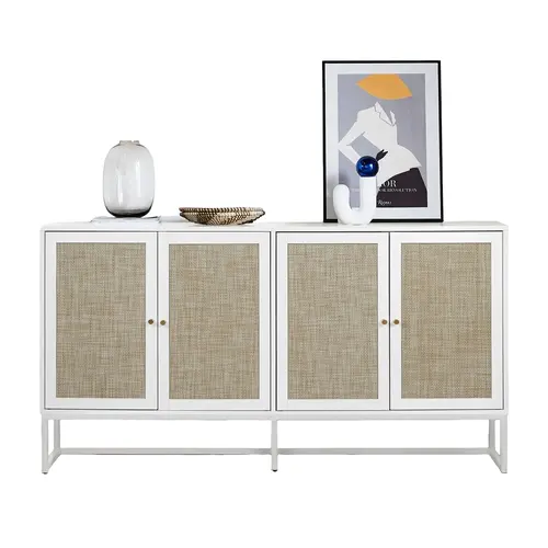 Giratree Sideboard Buffet Cabinet with 4 Doors, Modern Storage Cabinet with Storage and Adjustable Shelves, Accent Rattan Cabinet for Kitchen and Living Room