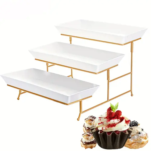 Sebastian CADIA 3-Layer Dessert Frame - Foldable Metal Display Rack with 3 Plastic Trays, Snack Display Frame, Eating Tray Plates, Metal Base Gives Steady Table Support for Family Gatherings, Weddings