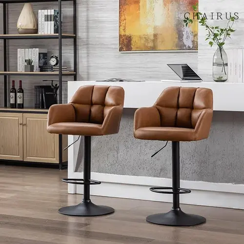 CHAIRUS Waterproof PU Leather Swivel Bar Stools (Set of 2) - 360 Rotation Home Bar Furniture, 2-Seater Fixed Back Chairs with Stable Metal Frame, Padded Armrests, Footrest, Adjustable Height for Kitchen Island, Bistro