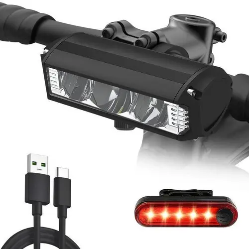 Super Bright 3-LED USB Rechargeable Bicycle Light Set - 4 Modes, 1600lm Wide Beam, IPX6 Waterproof, Aluminum Body Resists Knocks, Includes Taillight for Outdoor Night Riding by Cyclists, Ipx6 Water Resistant