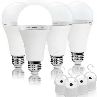 4 Pack Rechargeable Emergency Light Bulbs A19, Camping Lamp Battery Powered LED Light Bulb 6000K Daylight E26 E27 120 Volt 12W 60W Equivalent with 1200mAh for Home Power Outage Camping Hurricane