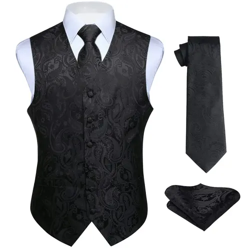 Men's 3-Piece High-Quality Formal Attire Vest Set - Paisley Jacquard Waistcoat, Tie & Pocket Square Set, for Weddings, Parties, Tuxedo or Jeans, Fathersdaygift Menswear