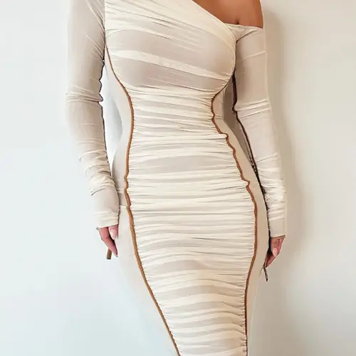 Women's Striped Ruched Asymmetrical Neck Bodycon Stretch Dress, Elegant Long Sleeve Dress for Parties, Clubs and Dates, Women's Clothing for Spring & Fall, Womenswear, Fitted Elegant Dress