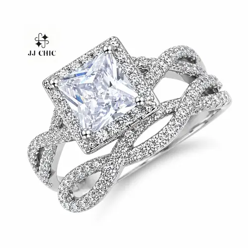 JJ CHIC Two-Piece Princess Cut Halo Ring Set for Women, Elegant Bridal Engagement Wedding Ring