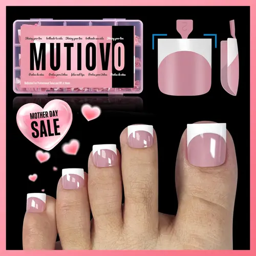 MUTIOVO French Tip Toe Nail Tips Press on Sharp Square Pre-Designed Soft Gel False Toenail Extension BERRY PINK Pre-applied Tip Primer Base Coat Full Cover Acrylic for DIY x 15 Sizes 240 pcs 【Does not include builder gel, top coat, glue, or nail lamp】
