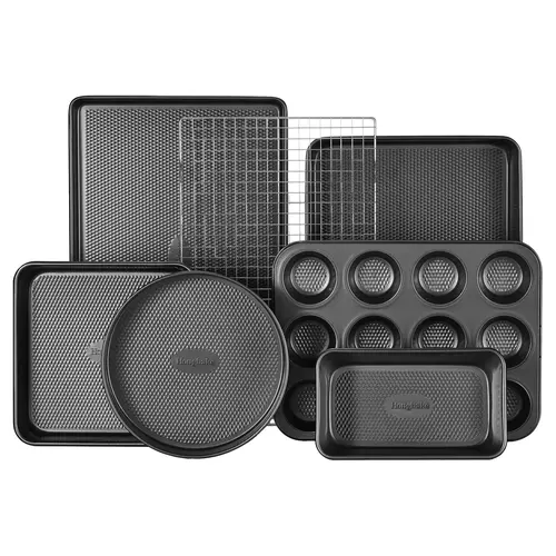 HONGBAKE 7-Piece Teflon-Free Carbon Steel Baking Pan Set - Diamond Texture Round/Rectangular Non-Stick Bakeware, Heavy-Duty Baking Sheets for Oven Roasting, Baking Supplies for Home Kitchen Gifting, Kitchen Supplies
