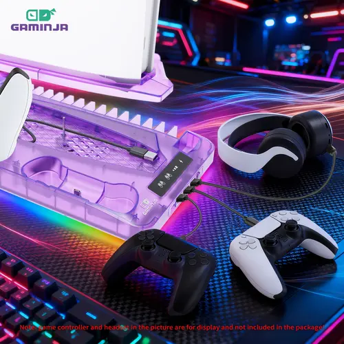 Gaming Console Charging Base, Dual Charging Stand with Earphone Hook, Vertical Cooling Support, Console Accessories for PS5 Controller