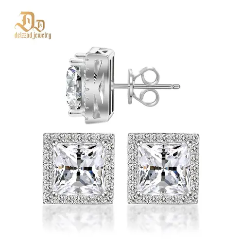 Delzzad S925 Princess Halo Stud Earrings Lab-Created Moissanite Stud Earring Moissanite Jewelry Perfect Birthday Mother’s Day Christmas Gift for Men Women Wedding Set