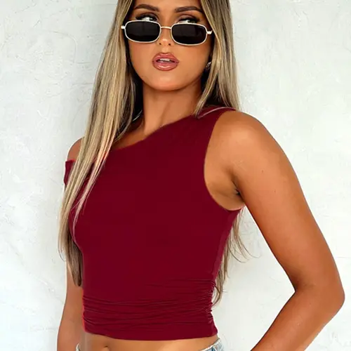 Women's Basic Plain Asymmetrical Neck Ruched Sleeveless Tank Top, Casual Chic Sleeveless Minimalist Aesthetic Fashion Slim-fitting Top for Summer, Women's Clothing for Daily Wear, Fall&winter Clothing, Gift for Girl, Womenswear, Sleeveless Crop Tops