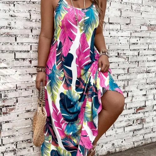 Plus Size Feather Print Sleeveless Cami Dress, Fashion Boho Sundresses, Bohemian Aesthetic Summer Dresses, Scoop Neck Spaghetti Strap A Line Dress for Beach Holiday Vacation, Women's Clothes for Summer, Bohemian Style Dresses