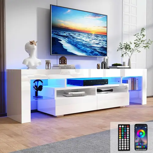 63in/70in TV Stand for 65/70 inch TV,Modern LED TV Stand for Living Room,Black TV Stand,High Gloss TV Entertainment Center with Storage Drawer,APP RGB Light,TV Console(63in Black)