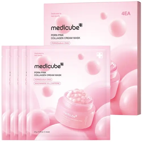 [NEW] [medicube] PDRN Pink Collagen Cream Mask I With PDRN, 5% Niacinamide and Caffeine I Hair-Stick-Free Coated Sheet Mask I For Uneven Tone & Bouncy Skin Care I Korean Skincare I 1BOX (4EA), 2BOX (8EA)