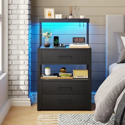 Sikaic Nightstand with Charging Station and LED Lights, LED Night Stand with 2 USB Ports and 2 AC Outlets, Modern End Table with 3 Drawers, Bedside Table with Open Storage for Bedroom, Home Furniture Christmas Gifts [SohoChic]