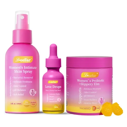 Leefar Her Trio - Her Fresh Intimate Skin Spray + Her Juicy Women’s Probiotics+Her Love Drops Bundle