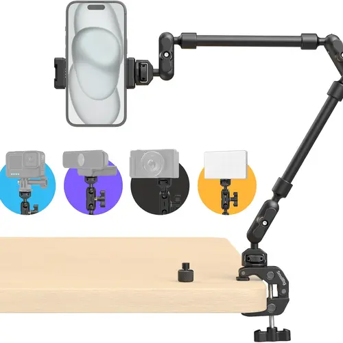 SmallRig 4766 Magic Arm with Clamp - Adjustable Phone Holder & Stand, Flexible Joints, Overhead Desk Accessory, Thread Adapter for Phone Grip Holder, Lights, Webcams, Mic, Action Camera, Streaming Gear for Content Creators