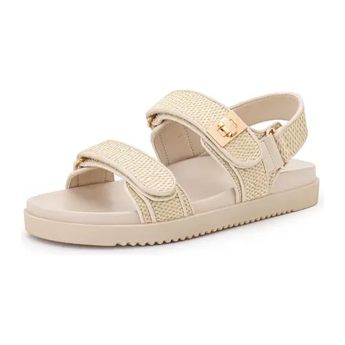 Rihero Women's Leather PU Flat Sandals - Adjustable Double Band Strapy Casual Sandals with Breathable Light Footbed, Slip-On Summer Walking Footwear for Outdoor Use