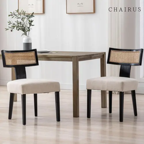 CHAIRUS Armless Rattan Dining Chairs Set of 2 - Linen Upholstered, Cane Curved Back, Solid Wood Legs with Floor-Safe Pads, Retro Rattan Look Warms Modern Spaces, Beige Dining Room Chairs (Linen Upholstery Adds Soft Texture), Armless Legged Chair