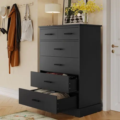 Sikaic Black Dresser for Bedroom, 6 Drawers Dresser Wood Storage Tower Clothes Organizer, Chest of 6 Drawers, Large Capacity Storage Cabinet, Tall Dressers for Bedroom, Hallway, Entryway, Home Furniture Christmas Gifts [SohoChic]
