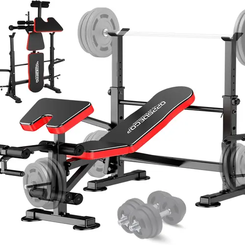 OPPSDECOR 6-in-1 Foldable Weight Bench with Foldable Frame, Horizontal Bar Set Weight Lifting, Leg Developer, Preacher Curl, Adjustable Flat/Incline Seat, 660 lbs Capacity, Home Fitness Equipment for Full Body Workout, Imitation Leather