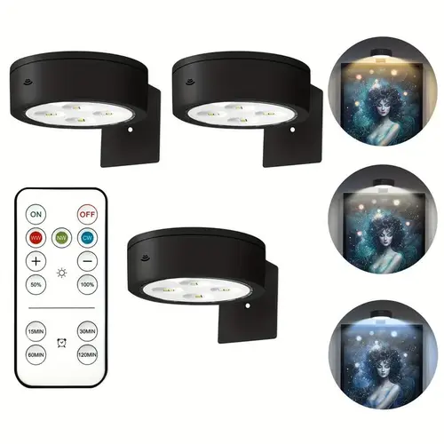 3 Battery-Powered Picture Lights, 3 Lighting Modes, Remote & Adjustable Timer, Wireless Wall Decor Puck Lights, Art Display Lamps, Indoor Wall Light, Cordless Wall Lamp