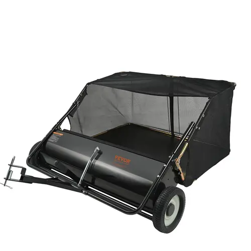 【Summerfinds】VEVOR Tow Behind Lawn Sweeper, 50 inch Portable Garden Cleaning Tool with 26 cu ft Capacity, Folding Handle, Toolfree Height Set, Brush Adjustment, Dumping Rope, for Sidewalks/Drives