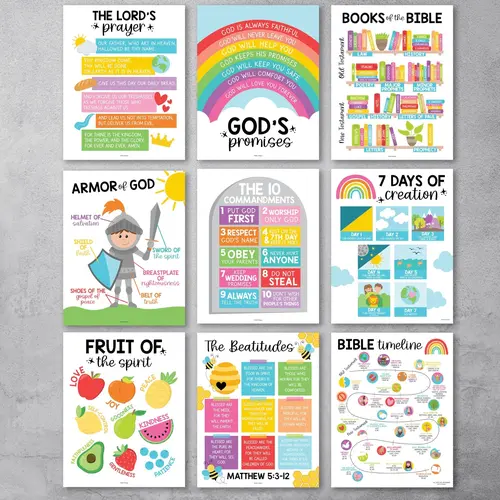 Hadley Designs Colorful Rainbow Bible Posters (Set of 9) - Sunday School Ready Classroom Supplies, Teacher Decor, Religious Home Decor Visual Learning Tools