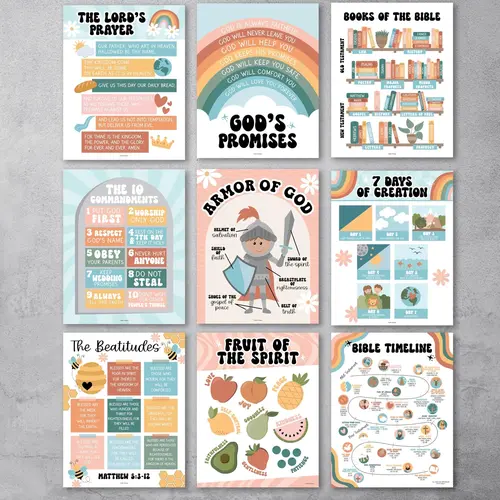 Hadley Designs Retro Bible Graphic Posters (Set of 9) - Religious Home Decor, Kids Classroom Decoration, Fun School Supplies, Sunday School Spiral Notebook Stickers