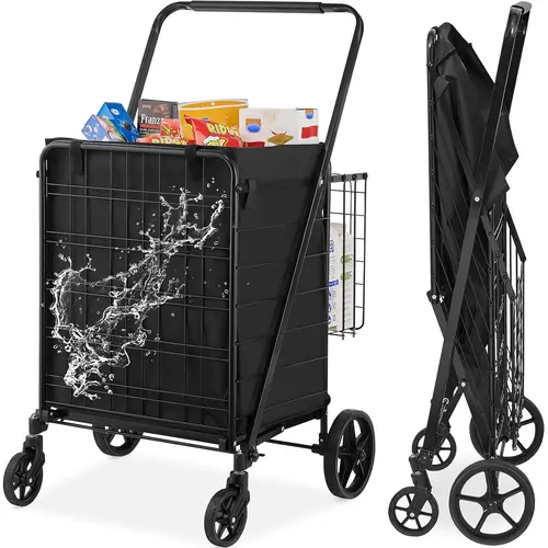 【Summerfinds】VEVOR Collapsible Foldable Wagon Folding Grocery Shopping Cart with Removable Waterproof Liner, 330LBS Capacity, Dual Basket, 360° Swivel Wheels, Dense Metal Mesh Base, Metal Frame, Pre-Assembled, 19.1''x15.2''x19.9'' Heavy Duty Utility Cart
