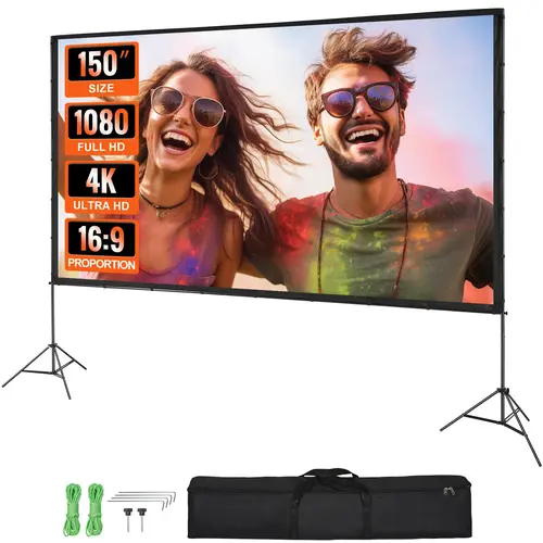 VEVOR 150-in 16:9 High-Resolution Projection Screen with Stand, Wrinkle-Free 4K 1080HD Outdoor Indoor Screen, Tripods, Carry Bag for Home Theater Backyard Movie Nights (TikTokShopBlackFriday), High-Resolution Projection Screens
