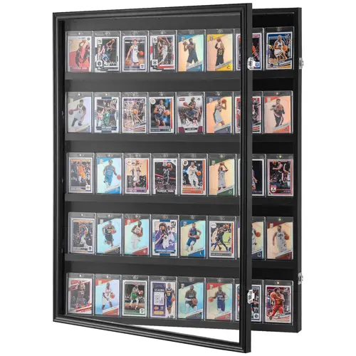 【Summerfinds】VEVOR 35-Graded Sports Card Display Case, 24.3x30.5x2.1in Wall Mount Display Rack with 98% UV-Protection PC Glass, Lockable Wall Cabinet for Baseball,Soccer,Basketball,Hockey,Easy Installation (Drill-Ready)