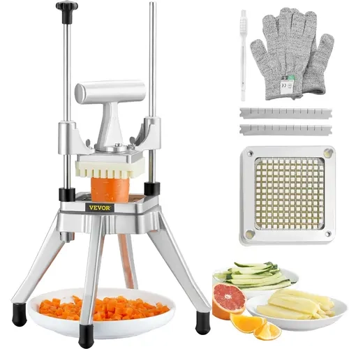 VEVOR Commercial Veggie Chopper - 1/4" Stainless Steel Heavy-Duty Multi-Slicer Potato Chipper, Durable Aluminum Kitchen Utensils with Ergonomic Handle, Hand-Powered Press-Type Vegetable Cutting Slicer with Removable Blades for Fast Rinse Clean Hand Wash,