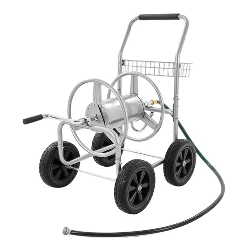 【Summerfinds】VEVOR Heavy-Duty Powder-Coated Steel Frame Hose Reel Cart - 300 ft/5/8 in Capacity, Tangles-Free Roll, 4 Solid PU Wheels, Storage Basket, Brass Components for Cleaning, Watering Systems, Powder Coating