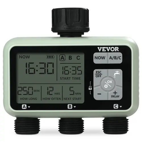 【Summerfinds】VEVOR Water Timer 3 OutletsHose Watering Sprinkler Timerwith 3 Independent Watering Zone LCD Display Rain Delay Mode Manual Mode 360° Brass Inlet Metal FilterIPX6 Waterproof for Yard Watering